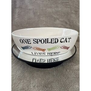 PETRAGEOUS White Ceramic Oval Cat Bowl Dish "One Spoiled Cat Lives Here"